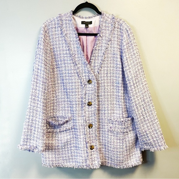 Ann Taylor Blazer Lavender Fringe Tweed Cardigan Jacket Sz 16 EUC Purple Plaid - Picture 5 of 13